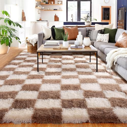 Teppich Kariert Wohnzimmer 150x210cm, Waschbarer Teppiche Schlafzimmer Braun Weiß, Flauschig Hochflor Antirutsch Checkered Rug, Modern Schachbrett Groß Carpet für Living Room Fußteilpolster