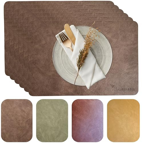 Amber&Bee Lederoptik Platzsets 6er Set, Chocolate Brown - Schokoladenbraun | Weich, flexibel, abwischbar, wasserabweisend, für Alltag & Gäste