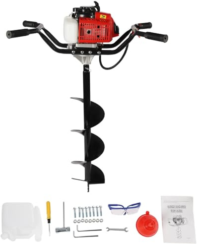 63CC 2 Stroke Petrol Auger Post Hole Digger 2.2KW 7500RPM Fence Post Auger 3Hp Garden Earth Auger Drill Bit Diameter 20Cm Single Cylinder Air Cooled with Funnel & Oil Tank & Goggles