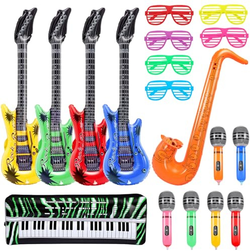 Cptoion 18 Stück Aufblasbare Musikinstrumente Kinder, Aufblasbare Instrumente Spielzeug, Luftgitarre, Aufblasen Saxophon Mikrofon Tastatur Shading Gläser, Aufblasen Rock Star Toy für Rock Party Deko