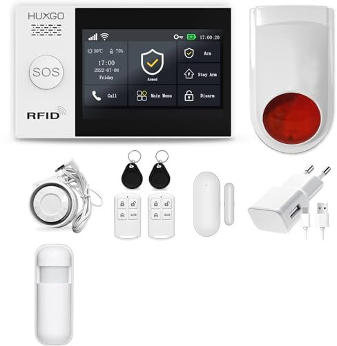 HUXGO, HXA007, Sistema de Alarma inalámbrico WiFi + gsm 4G con 1x Sensor de Movimiento + Sirena inalámbrica adiciona, aplicación Tuya Smart, SMS, Control Desde el teléfono, Idioma Espańol