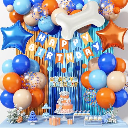 Orange and Blue Birthday Decorations for Boys, Orange Light Blue Nude Confetti Latex Balloons Dog Cake Topper Bone Star Foil Balloon Happy Birthday Banner for Girl Boy Cartoon Theme Party Supplies