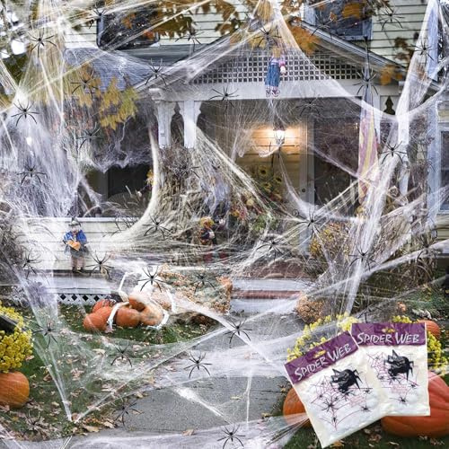 Wzone 200g ragnatela con 60 ragni – Decorazione di Halloween elastica per interni ed esterni, finte ragnatele spaventose per giardino, casa e feste