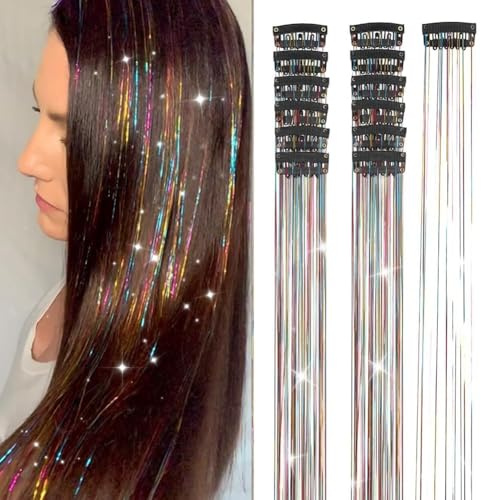12 Pezzi Ciocche per Capelli con Glitter Colorati,Extension Capelli Brillantini,Extension Clip-in Glitterate Colorate per Capelli,Tinsel Hair Extensions Brillantini per Festival Feste (Multicolore)