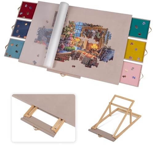 Lavievert Tablero de rompecabezas inclinable cubierto de franela con 6 cajones y cubierta, meseta ajustable con soporte/soporte para adultos, mesa de rompecabezas portátil con mesa antideslizante para