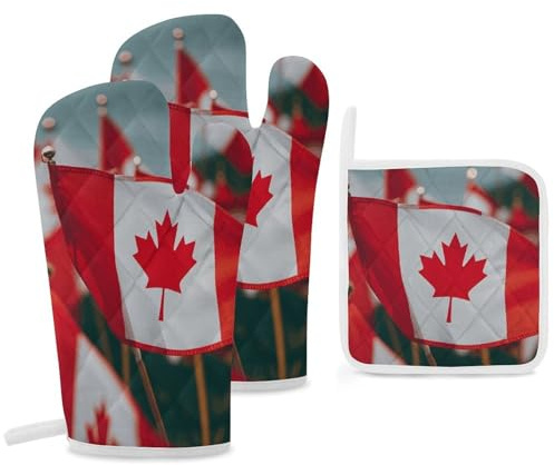 Many Small Canadian Flags Oven Mitts and Pot Holders 3 Pcs Set, High Heat 500°F Resistant Glove Potholder 11.8 Extra Long Cooking Oven Gloves Essential for Kitchen Baking
