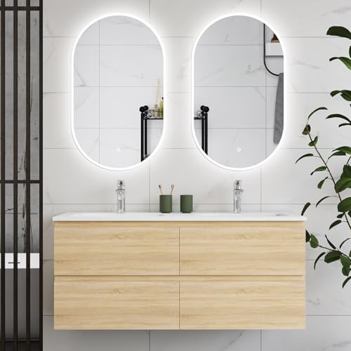 HAPAOSO Ensemble Meubles Salle de Bain 120 cm Chêne - Double Vasque Céramique, 4 Tiroirs de Stockage, Miroir LED Ovale Dimmable