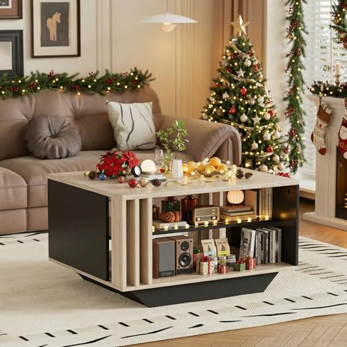 MSFE Tavolino da salotto a LED, Tavolino da caffè in Legno con Vano Aperto, 80 × 60 × 45 cm, Divano Tavolo, Mobili Tavolo da Salotto con doghe decorative e ripiano per sala da pranzo