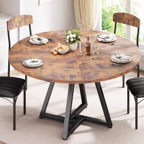 Jocoevol Mesa de Comedor Redonda para 4 Personas, Mesas de Cocina Industrial con Estructura Metálica Estable, Marrón Vintage, 107x107x76 cm