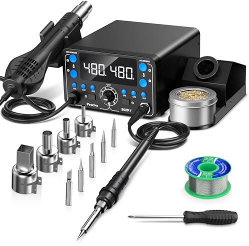 Preciva Lötstation, 902D V Heißluftlötstation 750W Entlötstation Repairing Heißluft Station Profi 2 in 1 Lötkolben 200-480℃ mit PID, Sleep-Modus & 3 Speicherplätzen - für SMD, BGA Reparatur