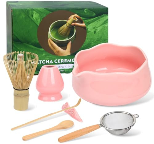LgowithU Matcha Set Rosa, 7 Stück Matcha Tea Set, matcha besen, Matcha Schale mit Ausgießer, Teelöffel, Sieb und Halter, Matcha zubehör für Matcha Liebhaber, Geschenk