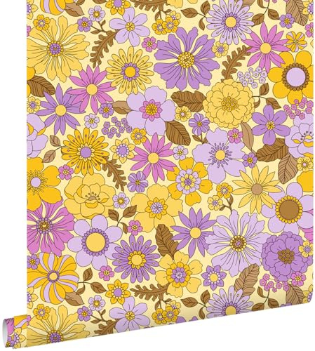 Esta Home Tapete Retro Blumen Gelb und Lila 50 x 900 cm