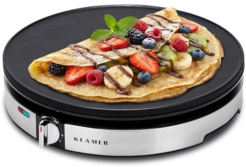 KLAMER Crepes Maker, Backfläche mit 30cm Ø, antihaftbeschichtete Platte, inkl. Teigverteiler und Wender aus Holz, Crepes Eisen für Crepes, Pancakes & Tortilla, 1400W