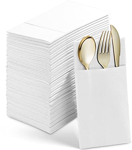 200-Count Linen-Feel Dinner Napkins with Pocket For Flatware, Soft & Thick White Disposable Paper Napkins With Pocket For Silverware for Wedding, Parties And Events