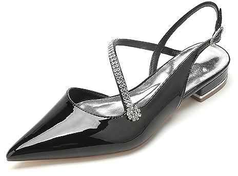 Yhsdfcn Zapatos Slingback de Charol con Tira de Pedrería Diagonal y Detalle de Flor para Boda y Fiesta,Negro,43 EU