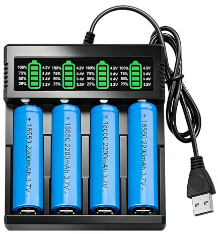 18650 Akku Ladegerät, SGZIOO Wiederaufladbarer 3,7V Akku mit Ladegerät, 4 Stück 2200mAh Wiederaufladbarer 18650 Akkus mit Erhöhtem Pluspol, Intelligentes Akkuladegerät für Taschenlampe, Kamera