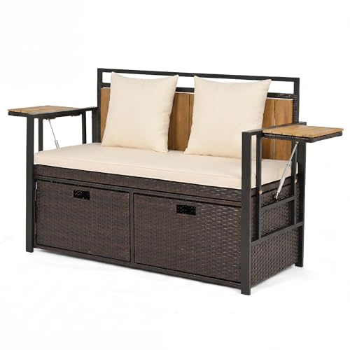 GIANTEX Gartenbank Polyrattan mit Stauraum, 2-Sitzer Sitzbank mit Kissen & klappbaren Seitenablagen, belastbar bis 360kg, 142,5 L Truhenbank, für Terrasse, Balkon， Poolbereich, 120 x 51 x 82 cm (Weiß)
