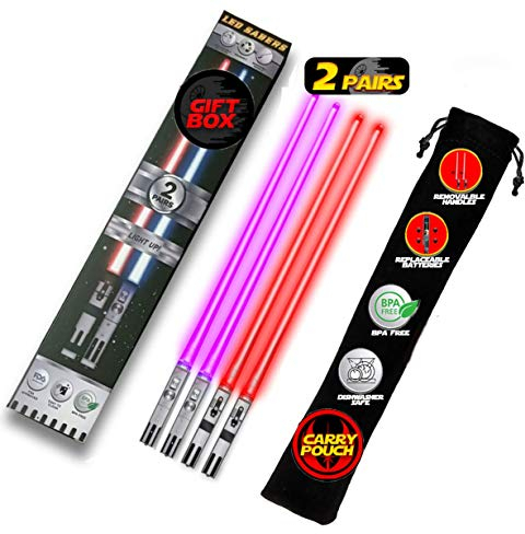 Lightsaber Chopsticks Light Up - LED Glowing Light Saber Chop Sticks - Reusable Sushi Lightup Sabers Chopstick Set Of 2 Pairs - Purple & Red