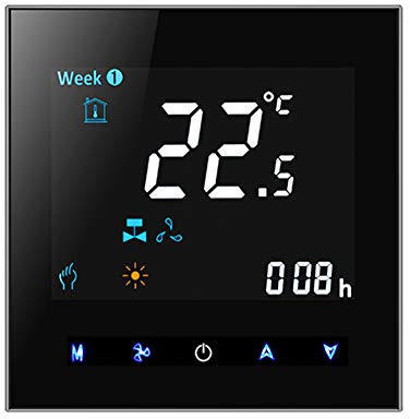 Qiumi Termostato WiFi 2 Tubos Programable para Climatización, Panel Negro | Alimentación 95-245VAC 5A, compatible con Alexa y Google Home, programación personalizada