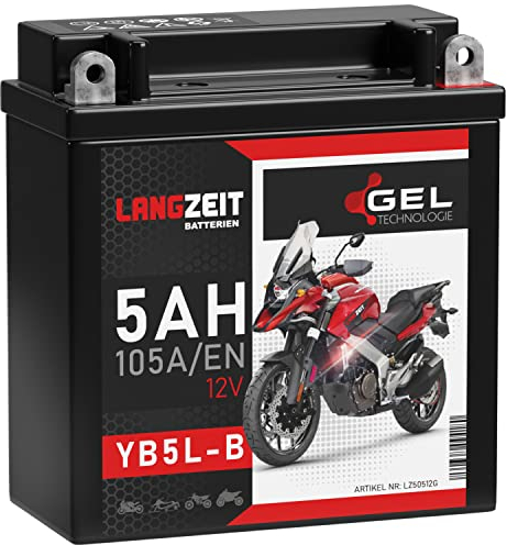 LANGZEIT YB5L-B GEL Motorradbatterie 12V 5Ah 105A/EN Gel Batterie 12V Roller Batterie doppelte Lebensdauer entspricht 50512 CB5L-B 12N5.5-3B vorgeladen auslaufsicher wartungsfrei ersetzt 4Ah