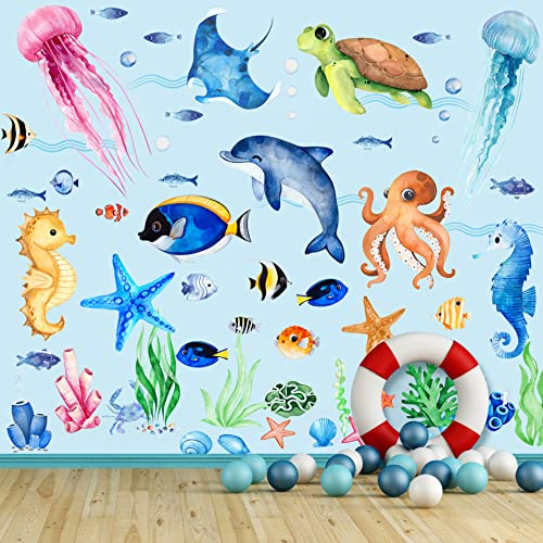 4 Sheets Ocean Fish Wall Decals Vinyl Colorful Sea Wall Stickers