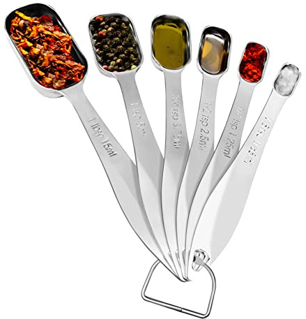 Stainless Steel Measuring Spoons Set - 6Pc Heavy Duty Oval Shaped Kitchen Metal Measuring Spoon for Dry or Liquid Ingredients, Teaspoon and Tablespoon Set w/ Metric & US Measurement - NutriChef NCMMS6
