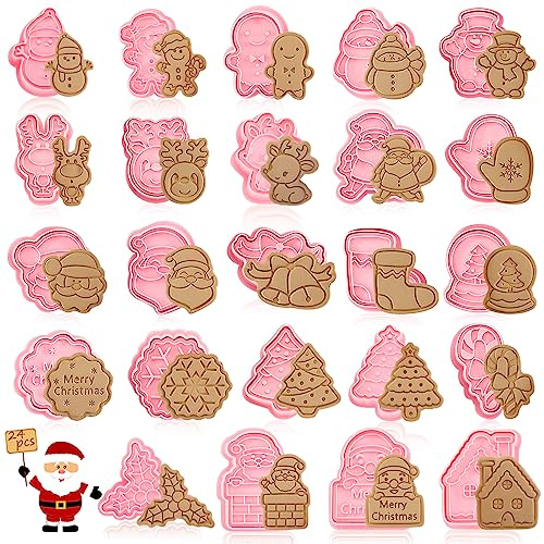 Formine per Biscotti Natalizi, 24 Pezzi 3D Tagliabiscotti Natale Plastica Stampo per Biscotti Natalizi 3D Pressable
