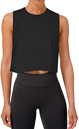 REORIA Women Crop Tops Workout Tops Loose Sleeveless Cropped Muscle Tank Open Back Shirts Black M