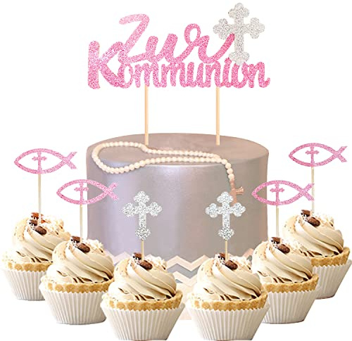 13 Stück Kommunion Torten Topper, Mädchen Taufe Tortendeko Fische Streudeko Kreuz Kuchendekoration Cupcake Dekoration für Mädchen (Rosa)