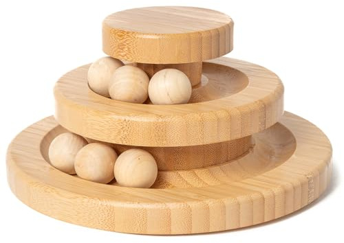 New Living Giocattolo per gatti in bambù, palla e pista, set di giradischi e palline, diversi livelli, giocattolo ecologico per gatti, giocattolo per gattini, divertente esercizio fisico e mentale