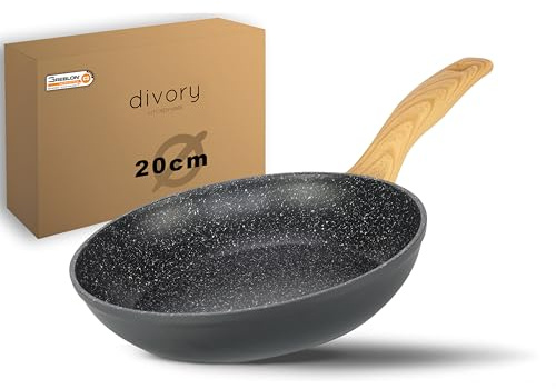 DIVORY beschichtete Bratpfanne – Antihaft beschichtete Pfanne für alle Herdarten – Universalpfanne Spülmaschinen geeignet + Backofenfest und frei von PFOA/APEO (20cm, Helles Holz)