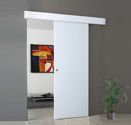 Porta scorrevole esterno muro completa di binario e mantovana con maniglietta (90x220 - Maniglietta Cromata, BIANCO)