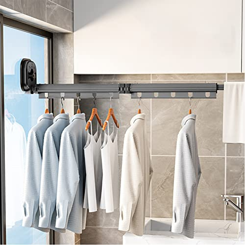 Wäscheständer, Einziehbar Wandmontierter Kleiderständer mit Saugnapf, Versenkbar Zusammenklappbar Kleiderstange mit Haken & Handtuchhalter Balkon,Wäsche, Badezimmer, Schlafzimmer (Dunkelgrau 2-fach)