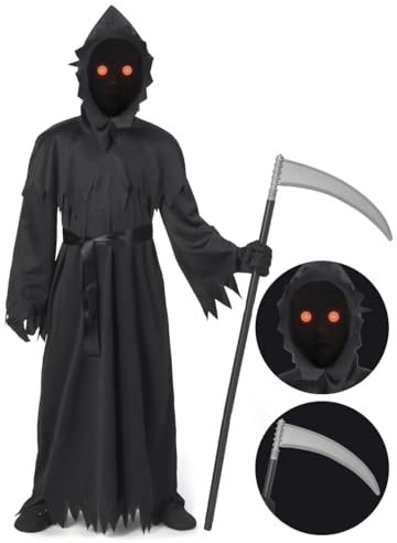 Spooktacular Creations Child Unisex Schwarzer Sensenmann Kostüm, Gruseliges Phantom Kostüm mit Handschuhen Sense Light-Up Brille für Jungen Halloween Dress up, Role-Playing-M