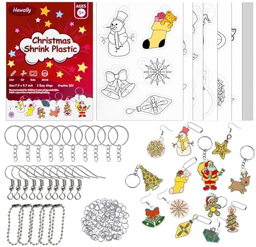 Hewolly 146 PCS Christmas Shrink Plastic Craft Kit, DIY Shrinky Sheets with Traceable & Blank Paper, Keychain Making Supplies for Festive Ornaments, Art and Craft Gift for Kids & Beginners