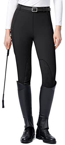 SANTINY Women's Horse Riding Pants with Zipper Pockets Knee-Patch Schooling Tights Equestrian Breeches for Women (Black_XXS)