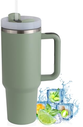 PRAOAHEI 40oz Thermobecher mit Strohhalm und Henkel,1180 ML Doppelwandiger Edelstahl Heiße Kalte Getränke Vakuum Trinkbecher, Kaffeebecher für Zuhause Reisen Matchagrün