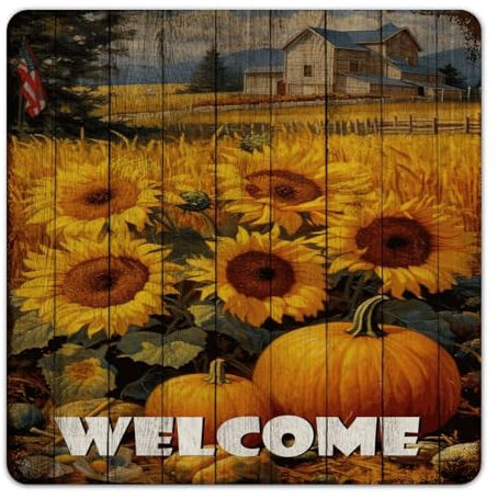 Willkommensschild 30,5 x 30,5 cm Metallschild personalisiert Garage Eingang Büro Heimdekoration Garagenschilder Herbsternte Thanksgiving Halloween Kürbis Metallschild für Unternehmen
