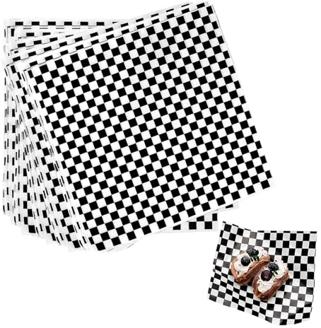 100 Stück Blatt Wachspapier für Lebensmittel, Schwarz-Weißes Burgerpapier, Checkered Deli Basket Liner Lebensmittelverpackung Papier, Ölbeständig und Perfekt für Snacks