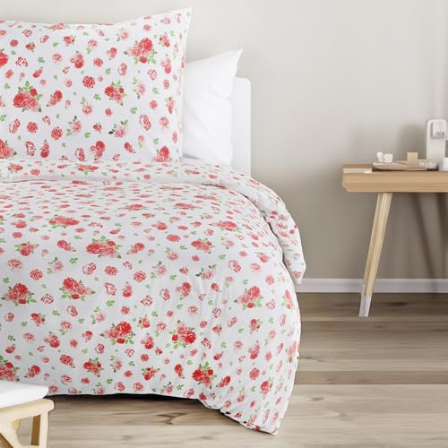 Trautesheim Blumenbettwäsche-Set Rosa Rot Rosen-Bettwäsche - zweiteilig: 135x200 und 80x80 - Ökotex100 und BCI - aus 100% nachhaltiger Baumwolle - mit Reißverschlüssen