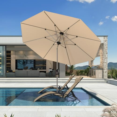 PURPLE LEAF Parasol de Jardin Extérieur Inclinable 3m Rond, Parasol Balcon avec Châssis en Aluminium Champagne, Toile UPF 50+ pour Jardin Terrasse Patio Piscine, Beige