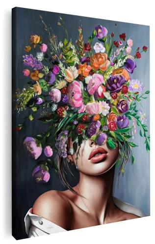 Artmazing | Blumen Frau Bild bunt | S-Art Bilder | Blumen Frau Bilder Modern | Coole Wandbilder Wohnzimmer | Wandbild Blumen Frau Deko XXL | Bild Leinwand XXL | Blumen Frau Bilder Wand