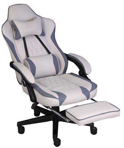 LVYWEX Gaming Stuhl 360° Swivel Haushalt Computerstuhl ergonomischer Stuhl Bürostuhl verstellbare Rückenlehne Arbeitszimmer(White-Gray,Steel FEET_with)
