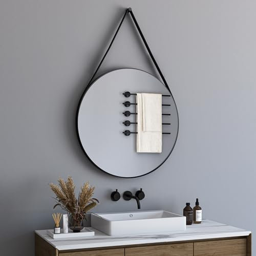 BD-Baode Spiegel Rund Schwarz 40 cm Rund Dekospiegel mit Verstellbarem Riemen Badspiegel Ohne Beleuchtung für Badezimmer, Waschräume, Schlafzimmer