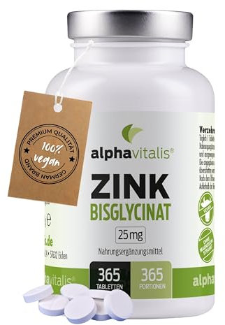 Zink 25mg vegan - 365 gut verträgliche Zink Tabletten hochdosiert (elementares Zinkbisglycinat/Chelat) - gute Bioverfügbarkeit - ohne unerw. Zusätze in Deutschland produziert