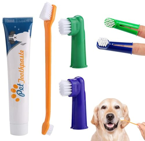 Cepillo Dientes Perro,Set Higiene Dental para Perros,Pasta Dientes Perro,Cepillo y Pasta Dental para Perros,Cepillos Dientes Gatito,Previene la Placa y Sarro (4PCS-2)