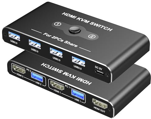KVM Switch, KVM Switch 1 Monitors 2 Computers, HDMI Switch, 4K@60Hz KVM Switches for 2 Computers Sharing 1 Monitor, 4 USB 3.0 Devices Such as Keyboard, Mouse, Printer, Scanner