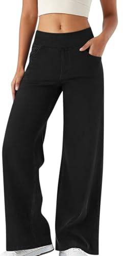 Jean Femme Taille Haute Coupe Droite Straight Jeans, Mode Baggy Jambes Jean, Taille Elastique Large Pantalon Femme, Ultra Confortable Baggy Jeans Wide Leg à Jambe Flared Yoga Pantalon