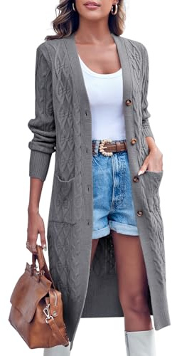 Imily Bela Cardigan Long pour Femme - Motif torsadé Ouvert sur Le Devant - Cardigan à Manches Longues - Automne et Hiver - Cardigan en Tricot avec Poches, Gris, M