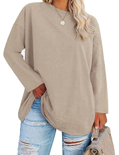 Fisoew Stora storlekar långärmad tröja damer oversize plus size t-shirts rund hals pullover basic tunika toppar toppar.